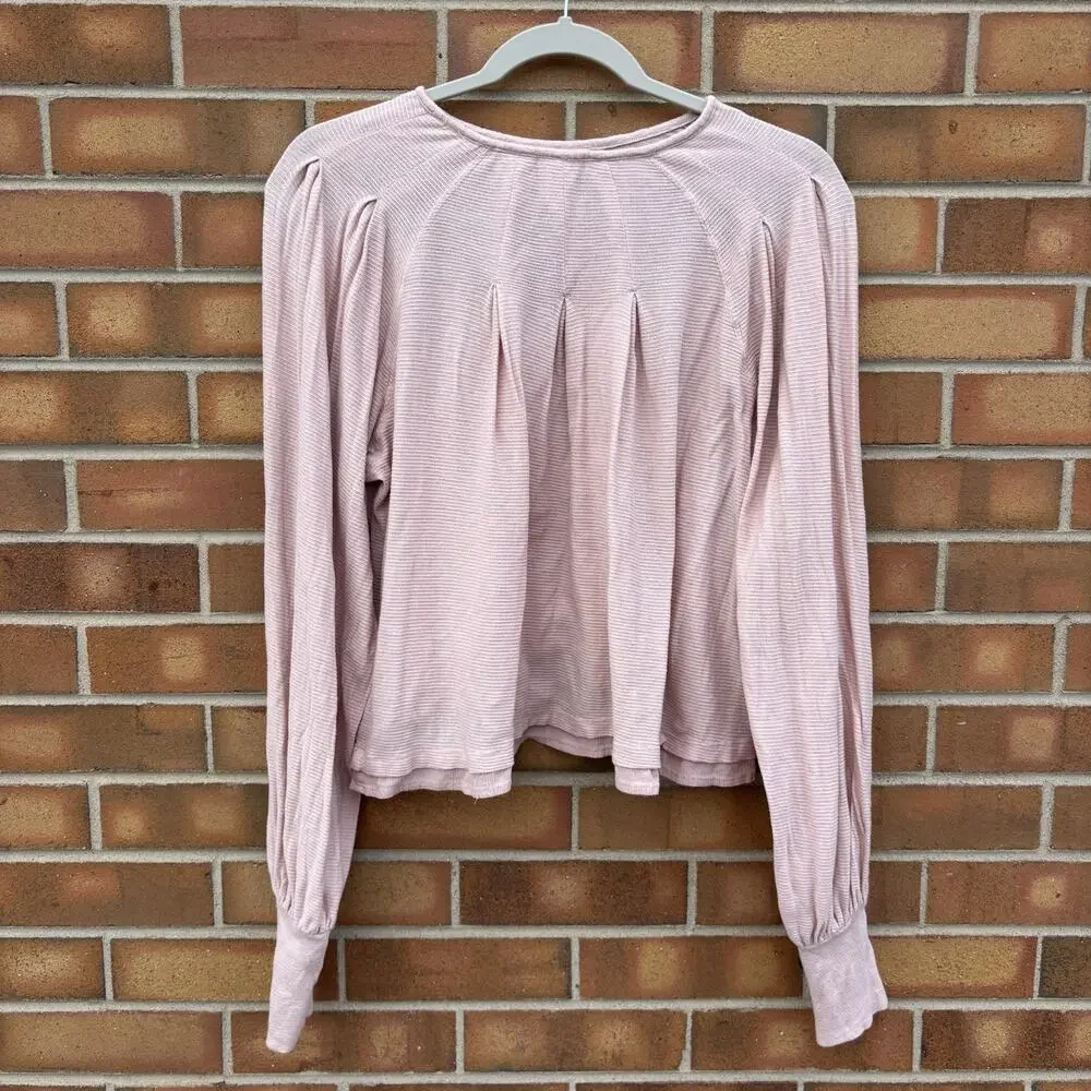 Free People Pink Long Sleeve Round Neck Ribbed Knit Billie Crop Top Womens M